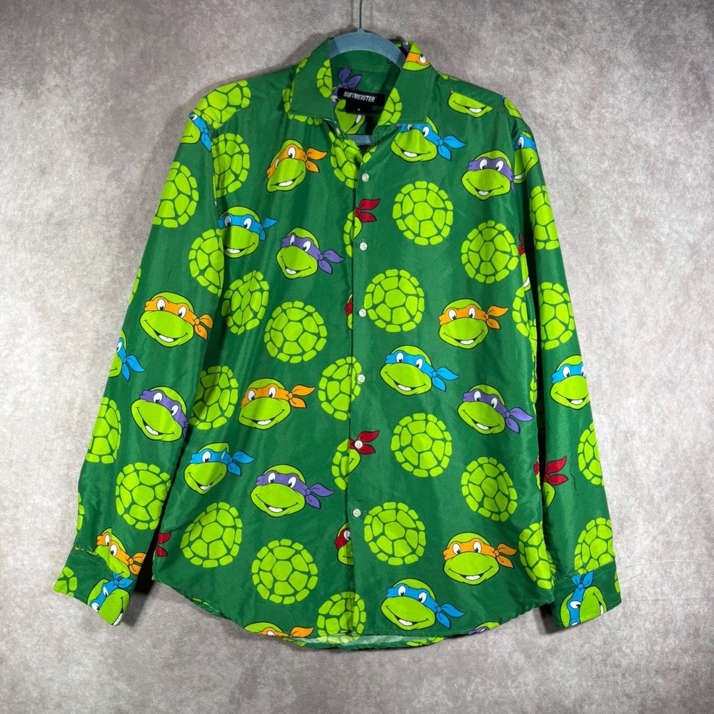 Suitmeister Button Down Shirt Mens M Green TMNT All Over Print Dress Shirt Retro